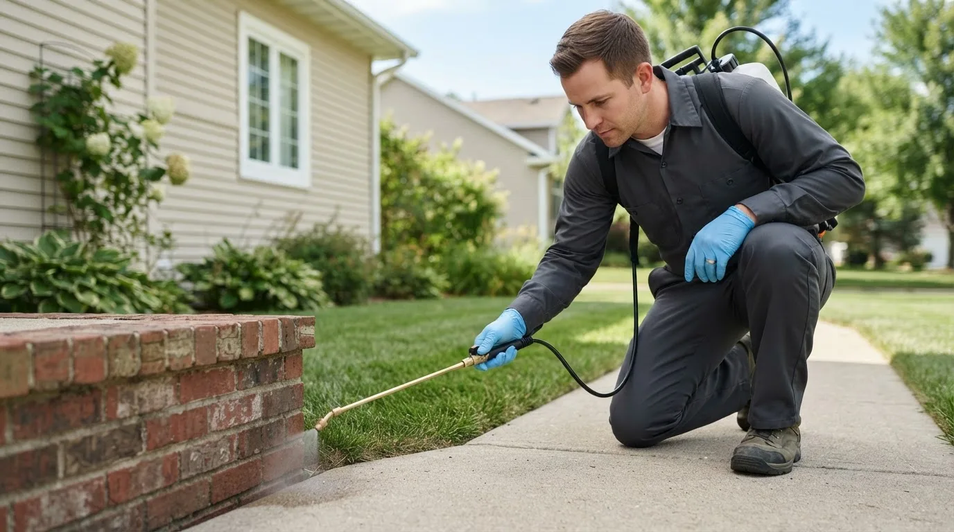 Pest control technician treating a home near Due West, SC